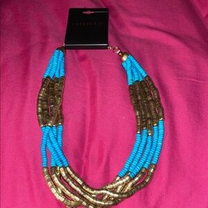 Forever 21 Turquoise and Antique Gold Multi-Strand Beaded Necklace